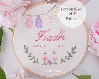 Personalized Baby Name Embroidery Pattern PDF | Floral Hoop Bunting | Custom Birth Stats Nursery Embroidery | Beginner DIY |Digital Download