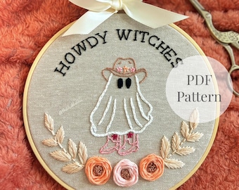 Halloween Ghost Embroidery Pattern, Howdy Witches Halloween PDF, Western Halloween Design, Beginner Embroidery Download, DIY Halloween Decor
