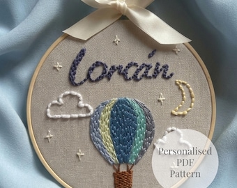 Personalized Hot Air Balloon Embroidery Pattern PDF | Custom Name Nursery Hoop Design | Baby Gift Hand Embroidery Keepsake DIY