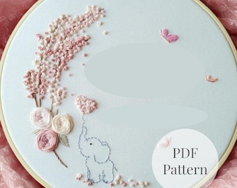 Elephant Cherry Blossom Embroidery Pattern PDF | Beginner Embroidery | Baby Elephant Hoop Art | Instant Download | Nursery Embroidery Design