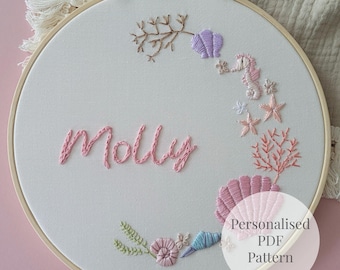 Custom Embroidery Pattern | Personalized Ocean Hand Embroidery | Beginner Seashell Coastal Hoop Art | DIY Gift | Instant Download