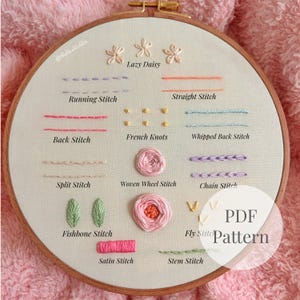 May include: An embroidery sampler in a wooden hoop featuring various stitches on white fabric. Labeled stitches include Lazy Daisy, Running, Straight, Back, French Knots, Whipped Back, Split, Woven Wheel, Chain, Fishbone, Fly, Satin, and Stem Stitch.