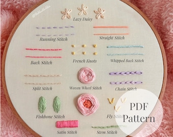 Total Beginner Hand Embroidery Pattern PDF | Stitch Sampler Hoop Art | Learn 13 Stitches | Embroidery Guidebook | Instant Download | DMC