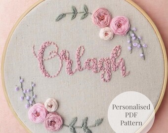 Personalized Pastel Floral Embroidery Pattern PDF | Custom Name Flower Hoop Design | Beginner Handmade Gift Keepsake DIY