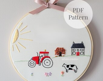 Farmhouse Embroidery Pattern PDF, Tractor & Cow Hoop Art, Farmhouse Wall Art, Country Home Decor, Beginner Hand Embroidery