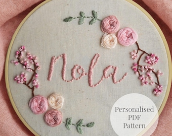 Personalized Cherry Blossom Embroidery Pattern PDF | Custom Name Floral Hoop Design | Beginner Hand Embroidery Gift Keepsake