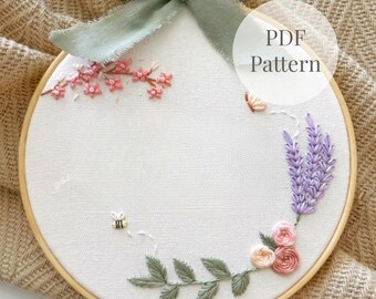 Lavender Floral Garden Embroidery Pattern PDF, Beginner Hand Embroidery Hoop Download, Bee Butterfly Floral DIY Craft Digital Download