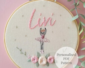 Personalized Ballerina Embroidery Pattern (PDF Download) | Beginner-Friendly Hand Embroidery Design | Floral Ballerina Baby Girl Gift |