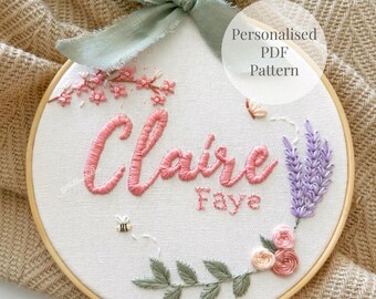 Personalized Lavender Floral Garden Embroidery Pattern PDF, Custom Name Hoop Hand Embroidery Download, Beginner Embroidery, Nursery DIY