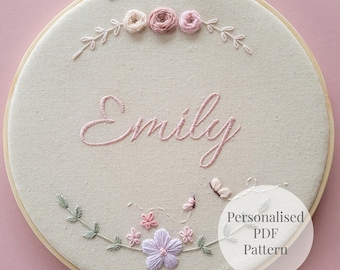 Personalized Pastel Wreath Embroidery Pattern PDF | Beginner Embroidery | Custom Name Hoop Art | Instant Download