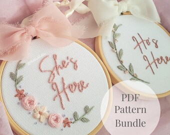He's Here She's Here Embroidery Pattern Bundle | Birth Announcement PDF Set | Twin Baby Nursery Decor | Beginner DIY Baby Shower Gift Set
