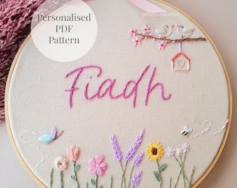 Personalized Embroidery Pattern PDF, Custom Name Wildflower Hoop, Baby Nursery Gift, Beginner Hand Embroidery Hoop, Birth Announcement Idea