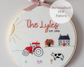Personalized Farmhouse Embroidery Pattern PDF, Family Name & Est. Year, Custom Embroidery, Wedding Gift, Housewarming Gift