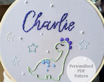 Personalized Dinosaur Embroidery Pattern PDF | Custom Name Hand Embroidery Hoop | Baby Nursery Gift Beginner DIY Kit Digital Download