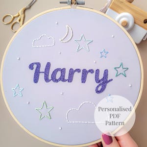 Personalised Name Embroidery Pattern| Custom Baby Name Hoop PDF| Moon and Stars Nursery Decor Template| Easy DIY Beginner Wall Art Download