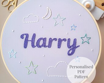 Personalized Name Embroidery Pattern| Custom Baby Name Hoop PDF| Moon and Stars Nursery Decor Template| Easy DIY Beginner Wall Art Download