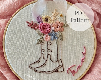 Texas Cowboy Boots Embroidery Pattern PDF | Western Floral Hand Embroidery Pattern | Beginner DIY Instant Download | Hoop Art