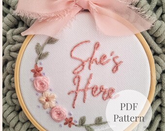 She's Here Embroidery Pattern | Birth Announcement PDF | Baby Girl Nursery Decor | Floral Cherry Blossom Hoop Art | Beginner DIY Baby Shower