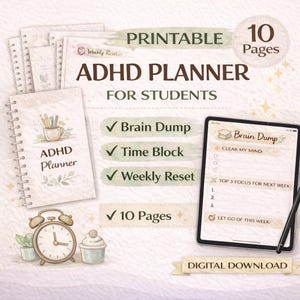 Könnte beinhalten: Ein digitaler ADHD-Planer für Studenten, mit einem Spiralnotizbuch, einem Tablet mit einer "Brain Dump"-Seite und einem Wecker. Der Planer enthält Abschnitte für Zeitblöcke und wöchentliche Rücksetzungen. Der Text "Druckbar" und "Digitaler Download" ist ebenfalls enthalten.