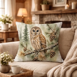 May include: A square throw pillow featuring a detailed illustration of a brown owl perched on a pine tree branch. The scene includes green pine needles, brown pinecones, and a soft, muted forest background with evergreen trees in the distance.