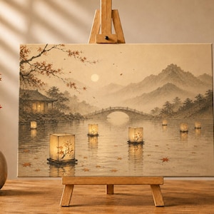 May include: A rectangular canvas print on a wooden easel depicting a serene landscape with a lake, a stone bridge, distant mountains, and glowing square lanterns floating on the water, accented by fallen autumn leaves and a traditional building.