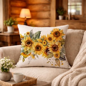 Peut inclure: Un coussin carré décoratif orné d'une impression aquarelle de tournesols jaunes avec des feuilles et des tiges vertes sur un fond en tissu beige clair. L'arrangement floral est centré sur le devant du coussin, mettant en valeur plusieurs têtes de tournesols en fleurs.