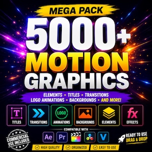 Op de afbeelding: Promotionele afbeelding met de tekst "MEGA PACK 5000+ MOTION GRAPHICS". Bevat pictogrammen voor titels, overgangen, animaties, achtergronden, elementen en effecten. Compatibel met Adobe After Effects, Premiere Pro en andere videobewerkingssoftware.