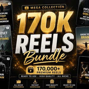 May include: A promotional graphic for a digital product bundle, featuring the text "MEGA COLLECTION 170K REELS Bundle." The image includes motivational quotes such as "Discipline Today, Success Tomorrow" and "Mindset is Everything."