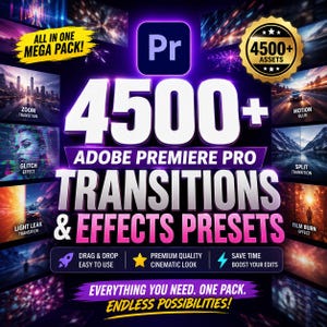 Puede incluir: Un anuncio digital de transiciones y ajustes preestablecidos de efectos de Adobe Premiere Pro. La imagen muestra el texto "4500+ Adobe Premiere Pro Transitions & Effects Presets" con texto adicional como "Drag & Drop Easy to Use" y "Premium Quality Cinematic Look."