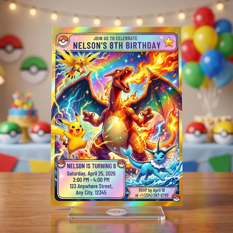 May include: A birthday party invitation featuring a colorful illustration of a Charizard, Pikachu, and Vaporeon. The invitation includes the text "Join us to celebrate Nelson's 8th Birthday" with event details and RSVP information.