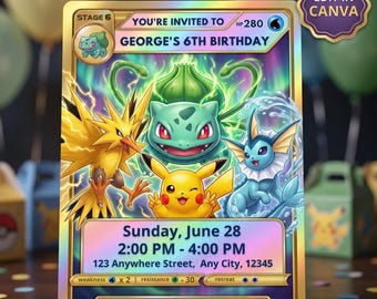 Bulbasaur Pokémon Card Birthday Invitation, Editable Canva Template (Digital Download)