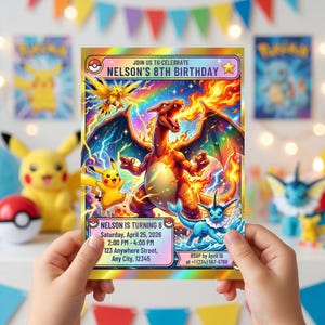 Pokemon birthday invite customizable template with rainbow background and party details