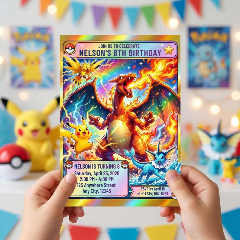 Pokemon birthday invite customizable template with rainbow background and party details