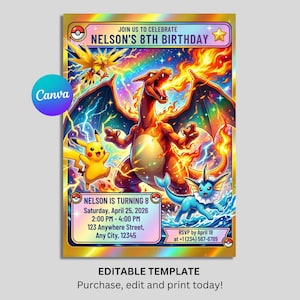 Kids Pokemon birthday invitation editable Canva design for boys party
