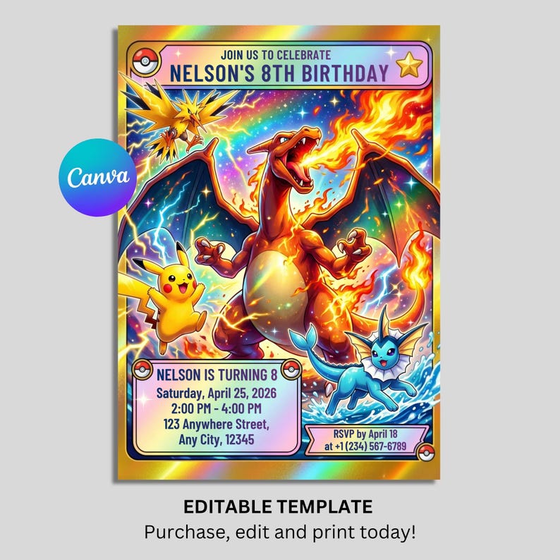 Kids Pokemon birthday invitation editable Canva design for boys party