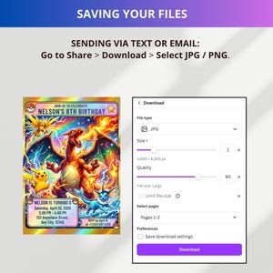 May include: A birthday invitation featuring a colorful illustration of a dragon and other fantasy creatures. The invitation includes the text "NELSON'S 8TH BIRTHDAY" and event details. A digital download interface is also visible, with options for file type, size, and quality.
