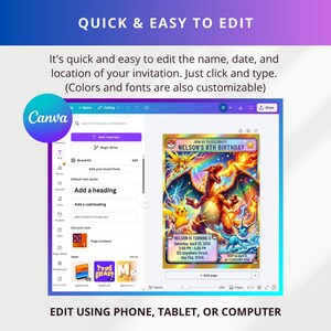 May include: A digital invitation template with the Canva logo, featuring a colorful design with a dragon and other characters. The text reads "Nelson's 8th Birthday" and instructions to edit the name, date, and location. The image also says "Quick & Easy to Edit".