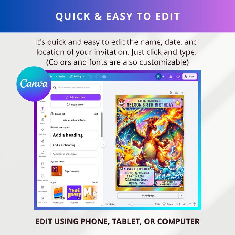 May include: A digital invitation template with the Canva logo, featuring a colorful design with a dragon and other characters. The text reads "Nelson's 8th Birthday" and instructions to edit the name, date, and location. The image also says "Quick & Easy to Edit".
