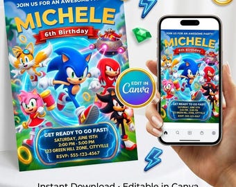 Sonic Birthday Invitation Editable Canva Template, Sonic Party Invite for Boys, Digital Download Printable