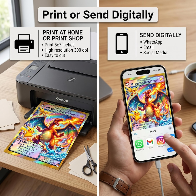 Editable Pokemon invitation Canva template displayed on mobile phone screen.
