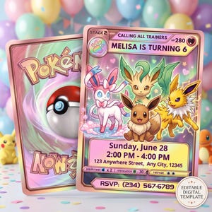 Pode incluir: Convite de aniversário em tom de ouro rosa com design de carta colecionável apresentando Sylveon, Leafeon, Eevee e Jolteon. O texto diz Melisa Is Turning 6, Sunday, June 28, 2:00 PM - 4:00 PM, 123 Anywhere Street, Any City, 12345, e RSVP: (234) 567-6789.