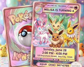 Pokemon Card Birthday Invitation, Eevee Sylveon Evolutions Kids Party Invite, Editable Canva Template (Digital Download)