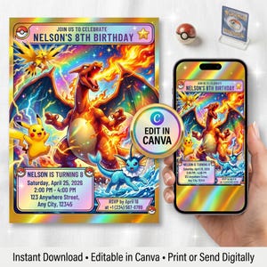 Invitación de cumpleaños de Pokémon, invitación para fiesta de Charizard y Pikachu, plantilla editable de Canva, descarga digital para cumpleaños infantiles