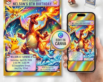 Invito di compleanno a tema Pokémon, invito per festa a tema Charizard e Pikachu, modello Canva modificabile, download digitale per compleanno bambini