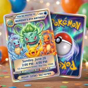 Pokemon Card Birthday Invitation, Bulbasaur Pikachu Kids Birthday Invite, Editable Canva Template (Digital Download)