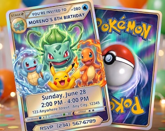 Pokemon Card Birthday Invitation, Bulbasaur Pikachu Kids Birthday Invite, Editable Canva Template (Digital Download)