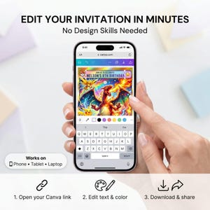 details

Editable Pokemon invitation Canva template displayed on mobile phone screen.