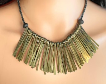 Vintage African Hammered Brass Necklace Braided Leather Metal Fringe Bib Jewlery