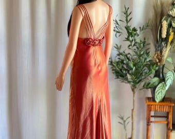 Vintage 90s Let's Fashion Iridescent Orange Rosette Gown Open Back Dress Size L