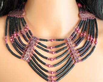 Vintage African Wood Beaded Necklace Multi Strand Tribal Statement Layered Bib